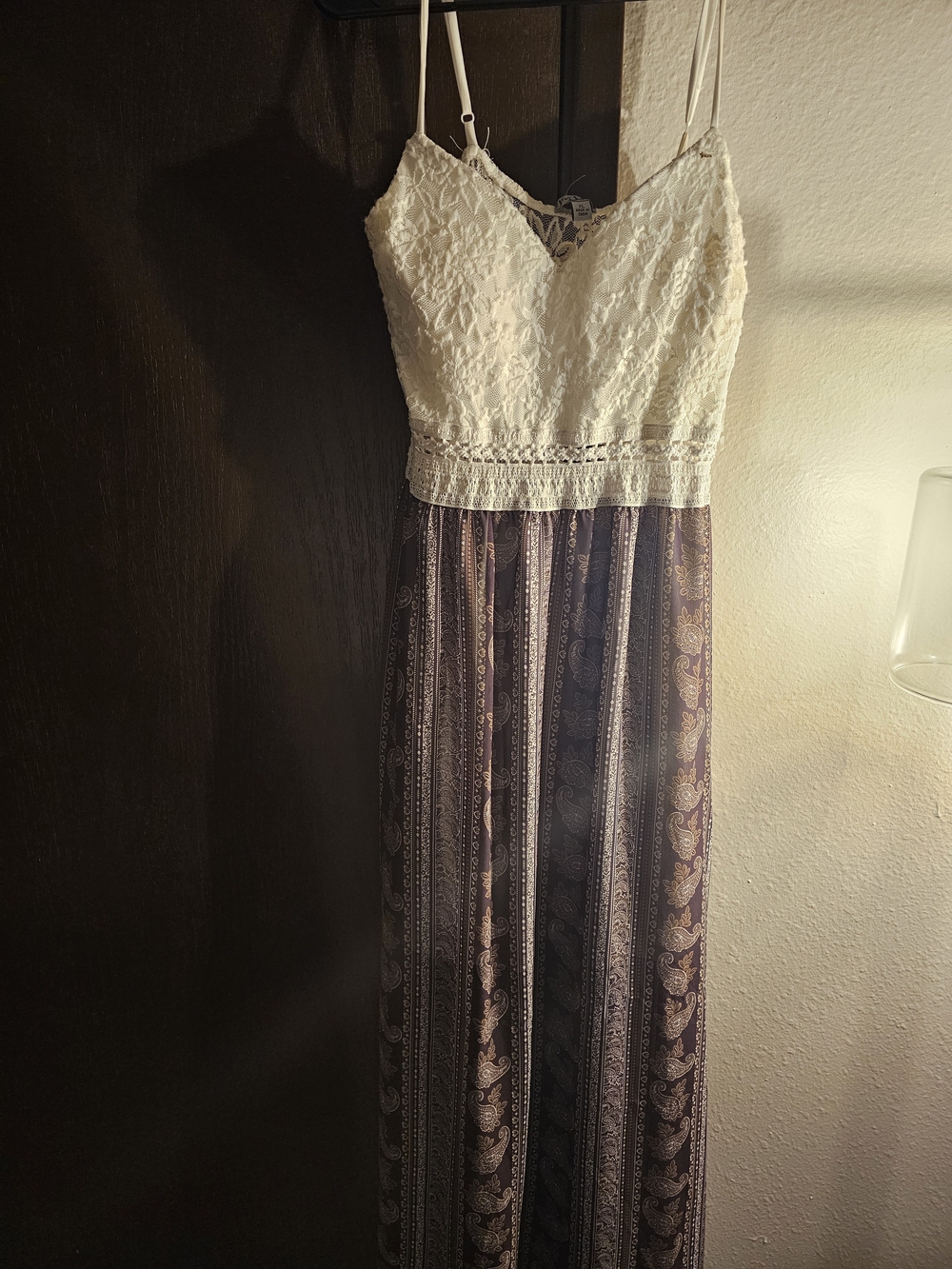 Lace Bodice Maxi Dress with Patterned Skirt - Cream Top, Brown Skirt